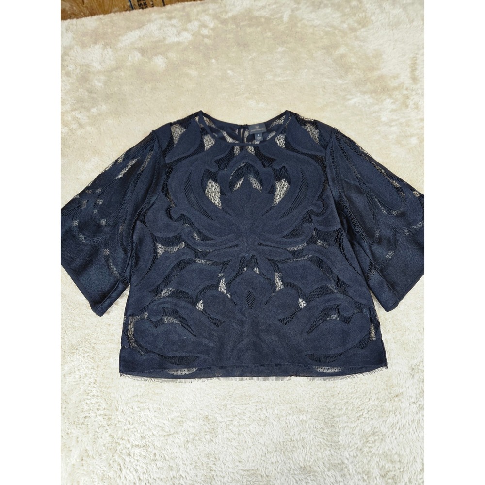 Worthington Black Floral Lace Sheer Blouse Eyelash Fringe Short Sleeve Medium
